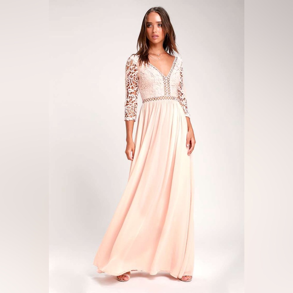 Avalynn Blush Three-Quarter Sleeve Lace Maxi Dress